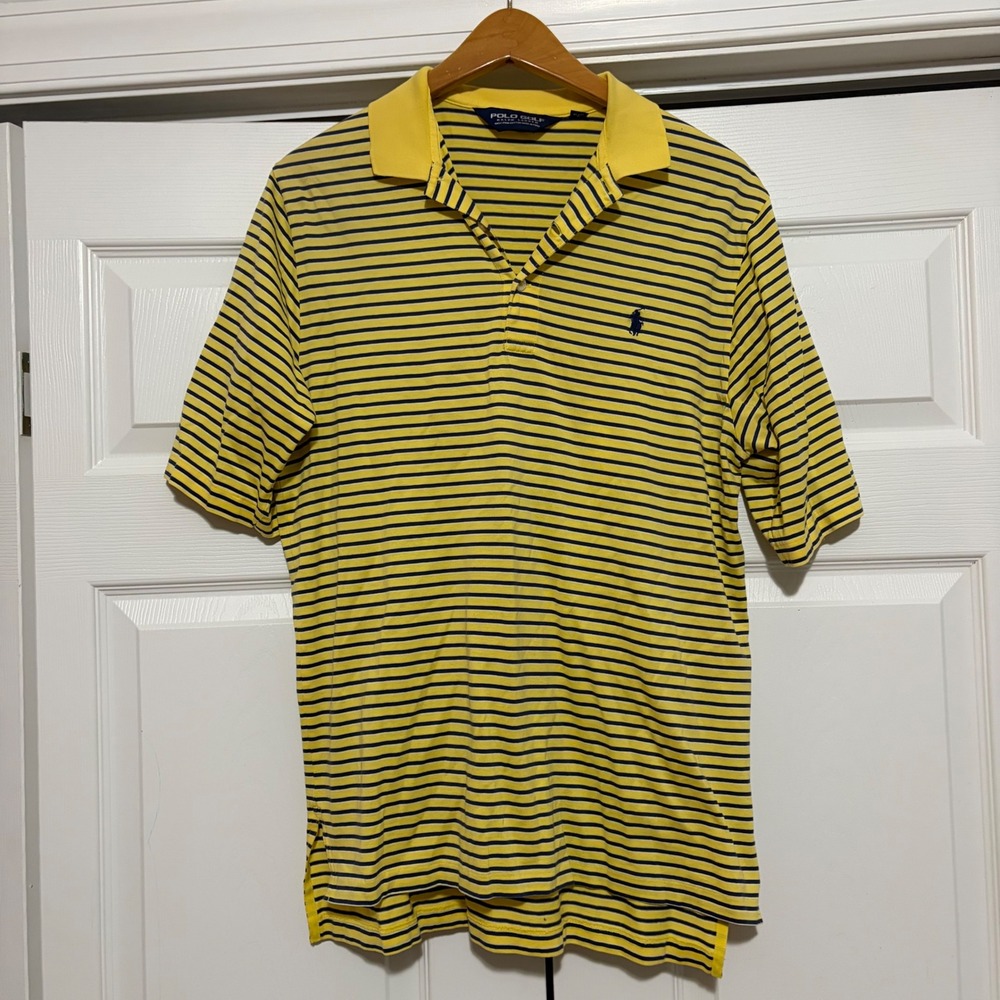 Polo Ralph Lauren Shirt Mens S Yellow Blue Stripe Logo Preppy Golf Cotton Relax